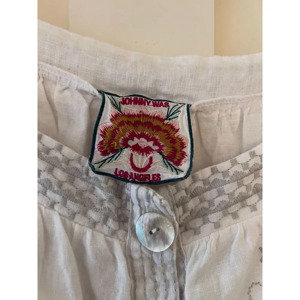 Johnny Was Sovanna Wander Embroidered Linen Top White Square Neck Blouse